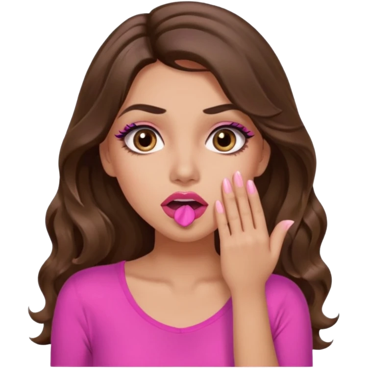 girl with long wavy brown hair, brown eyes, long lashes makeup, sexy pink lips, light to medium complexion, pink sexy top, shocked, hand covering mouth emoji