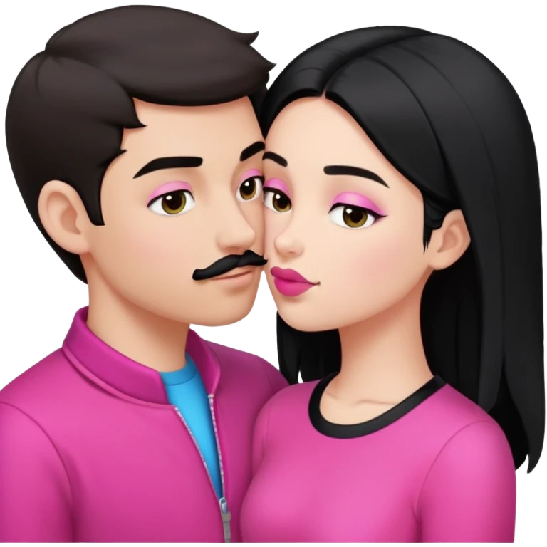 Brunette boy with short hair and black mustache wearing black clothes, kissing white girl with long black hair wearing pink clothes emoji