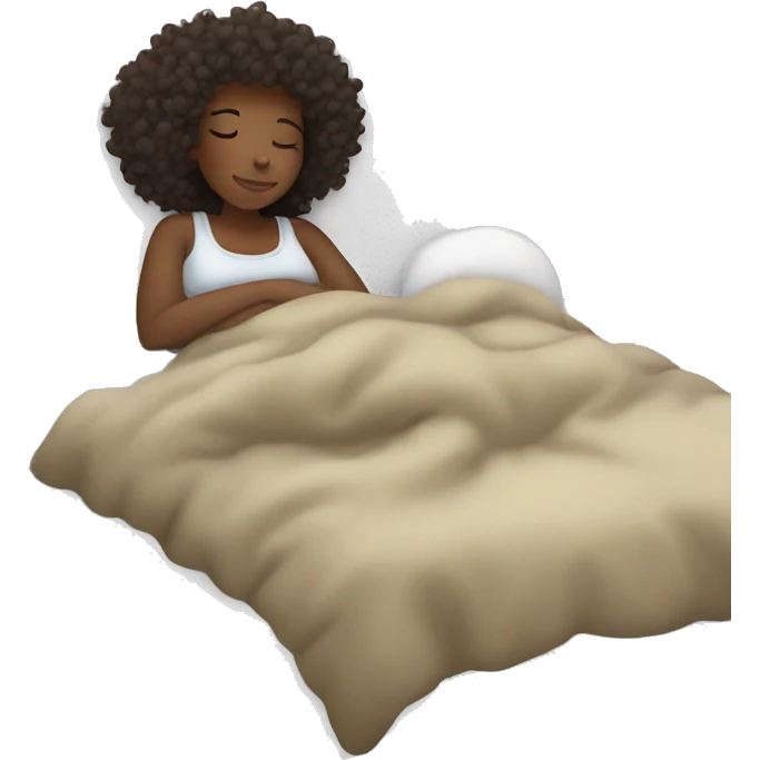 curly haired dark skinned woman cozy sleeping in a comfy bed emoji