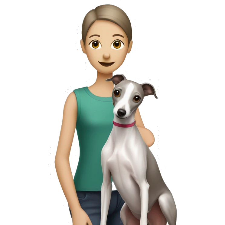 Italian Greyhound standing next to a girl with a short white haircut emoji