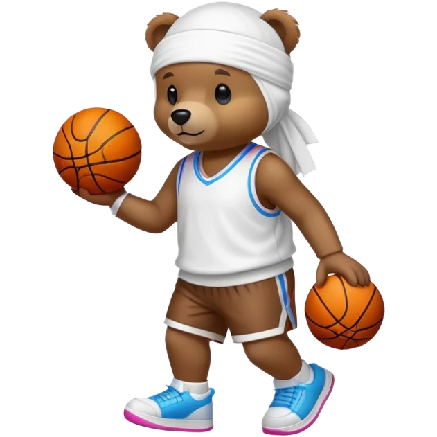Full-body standing brown bear wearing a white durag on its head and cool colorful basketball sneakers on its feet, cute emoji style emoji