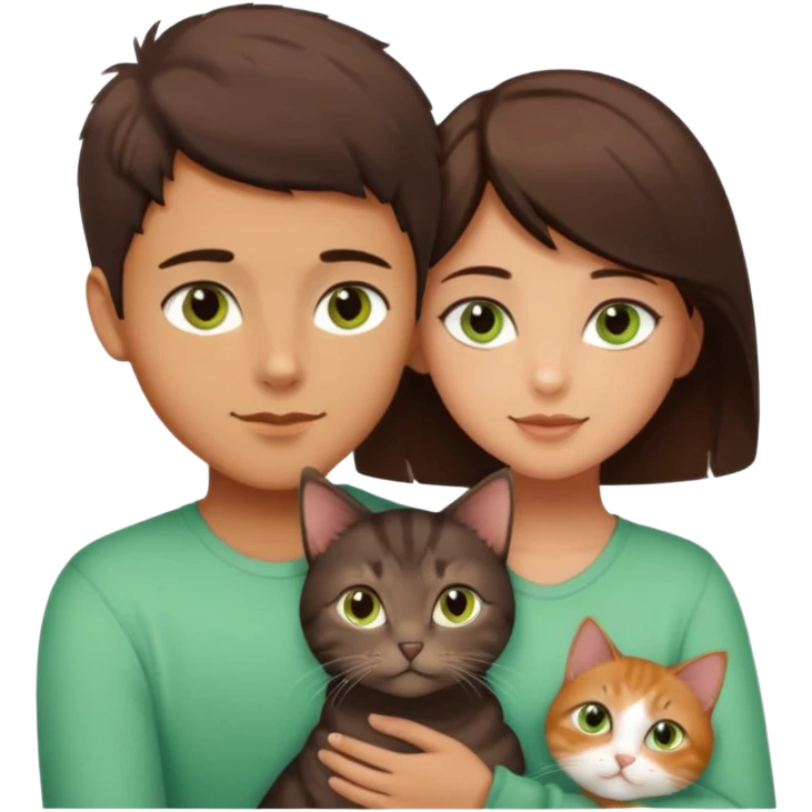 Crea un emoji donde salga un chico moreno con los ojos claros, una chica morena con los ojos marrones y un gato europeo comun de pelaje oscuro y ojos verde claro, quiero que se esten abrazando y el gato este en el medio de los dos emoji