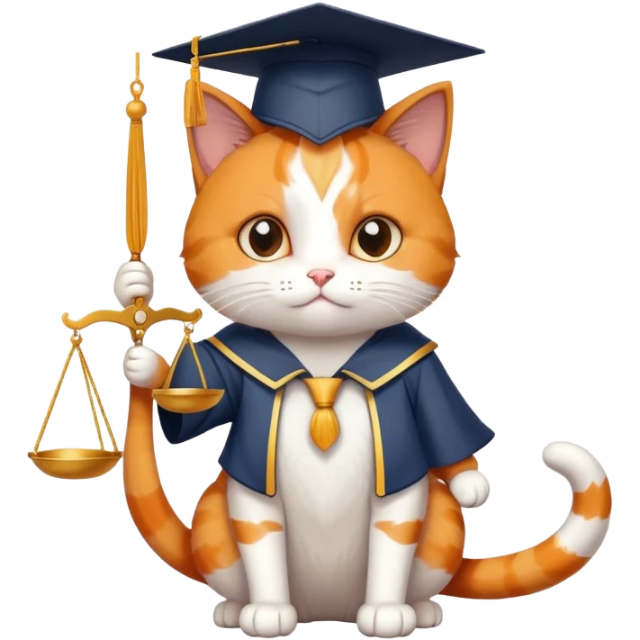 cat wearing a graduation cap, holding the scales of justice up with its tail emoji