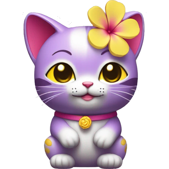 Purple maneki neko in a yellow T-shirt with a pink flower on his head emoji