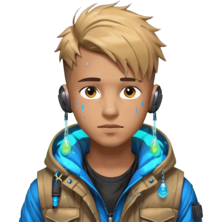 Cyberpunk street young adult, male, messy undercut, puffer vest over hoodie, glowing earpiece, light stubble, brown eyes, neon reflections, raindrops, dark background. emoji