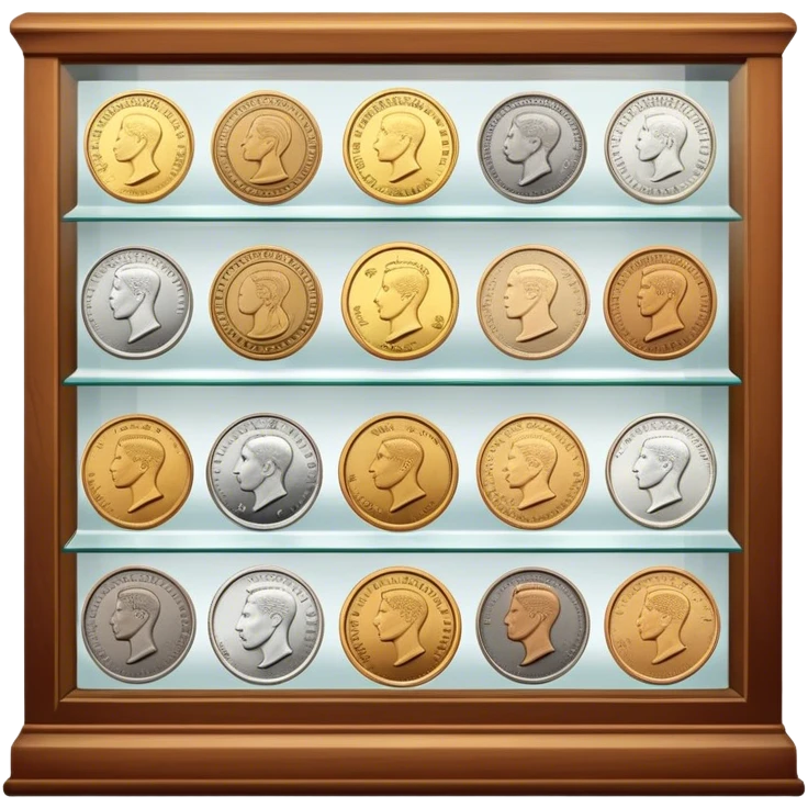 Icon for Coin Collecting: a collection of different vintage and modern coins of various forms, neatly arranged in a display case or on a table. The icon should highlight the diversity and historical value of coin collecting. Transparent background. emoji