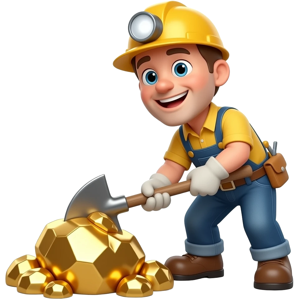 A funny 3D cartoon miner happily digging huge shiny gold nuggets from the ground, exaggerated “Gold Digger” concept. Bright colors, soft cinematic lighting, clean background, high detail, ultra realistic render. emoji
