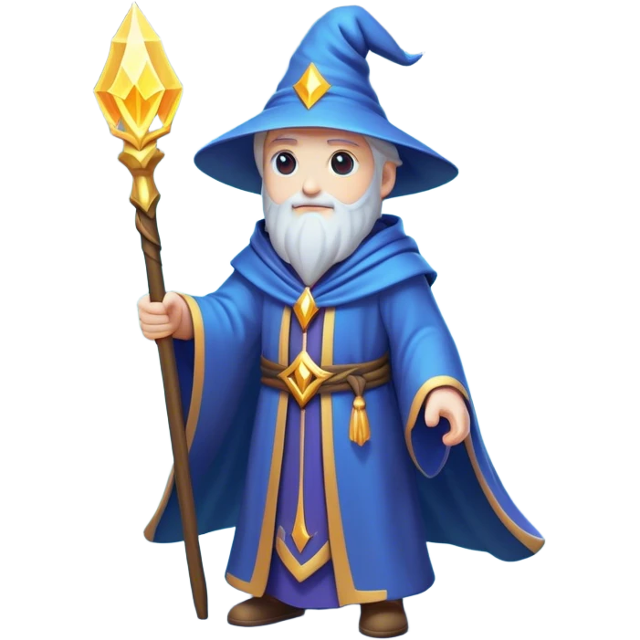 Clash of Clans aesthetic: Cinematic heroic powerful Wizard Hero Emoji, rendered in a 3D vector-style similar to standard emojis with minimal shading and bold, simplified shapes. A compact, isometric figure draped in flowing enchanted robes and wielding a mystical staff, softly glowing with an arcane magical charm. Simplified yet unmistakably iconic, highly detailed and consistent, glowing with a soft radiant glow and high shine. Stylized with a touch of whimsical sorcery and a soft glowing outline, capturing the essence of a powerful wizard ready to cast spells with a friendly, playful spirit! emoji