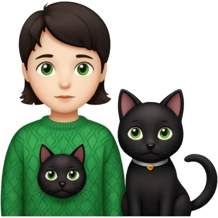 kid with brown eyes, flat brown hair, vintage sweater, with black wavy-haired black dog and black straight-haired cat with green eyes in Apple emoji style emoji