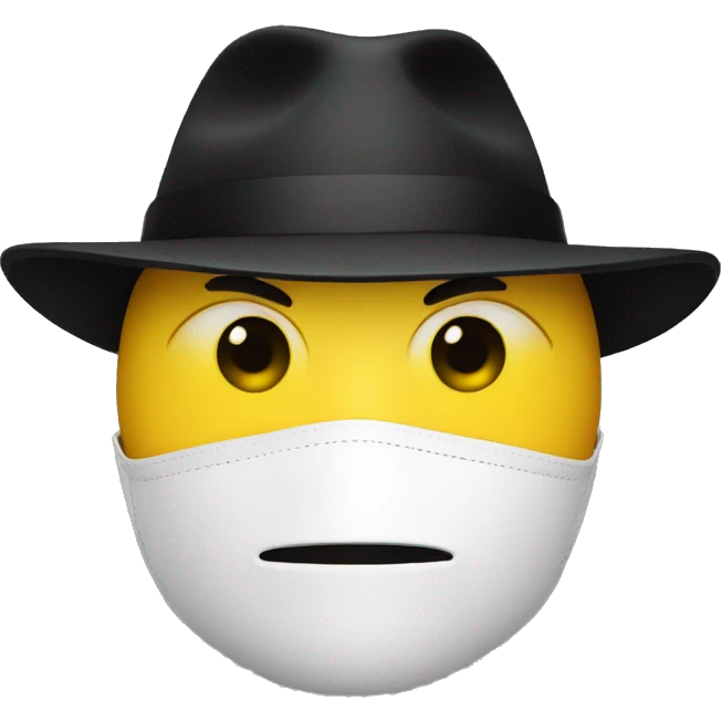  A person in a white mask with yellow eyes, no mouth, no ears, serious look and a black hat emoji