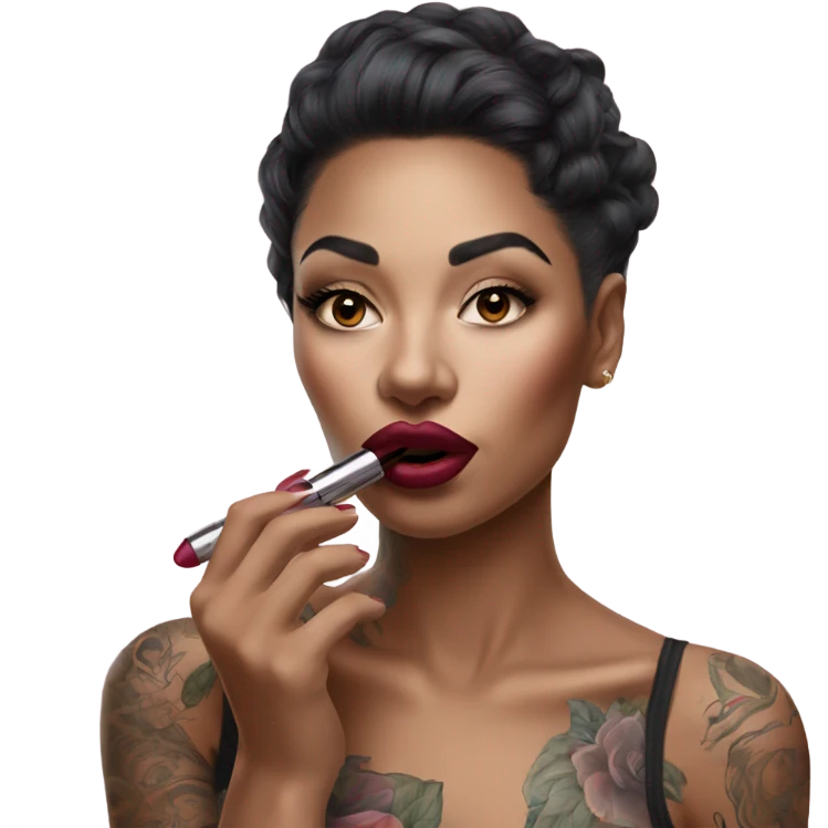 Hyper Realistic Beautiful lightly tattooed woman applying her lipstick  emoji