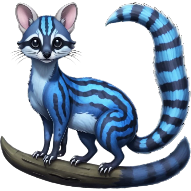 Feral Rare Fantasy iridescent scaly evil spooky vibrant dark shady shaded detailed deep-dark-cobalt-blue-gradients-colored colorful Genet-Trico-Civet-Cacomistle-Margay-species by LiLaiRa, with dark-blackish points, white belly, random markings, tufted tail, tufted ears, full body emoji
