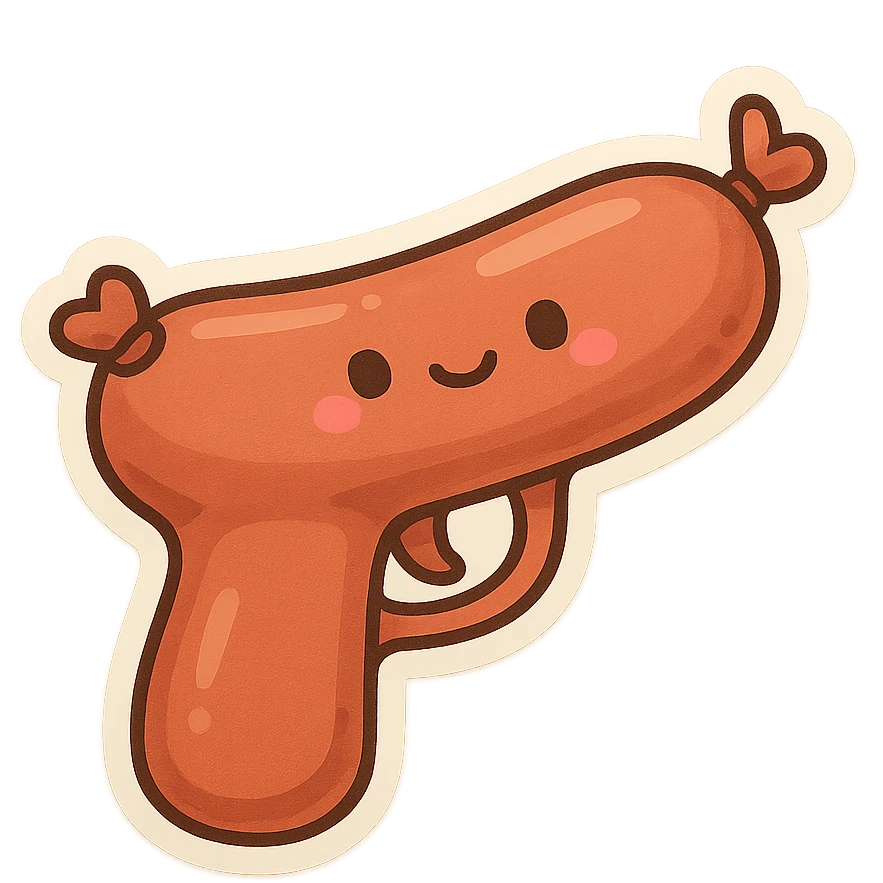 a sausage shaped like a pistol, playful and cartoonish, cute and whimsical style emoji