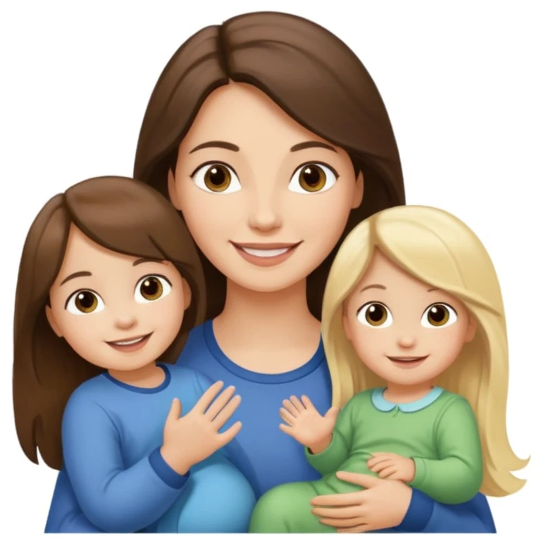 Brunette lady with toddler little girl with long brown hair and 1 year old boy with blonde hair emoji