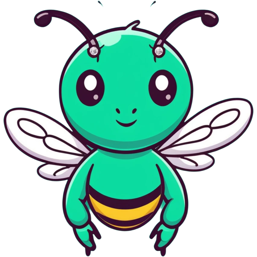 Glamorous mint green female bee with diamond-studded wings, rhinestone decorations, and glittery body emoji