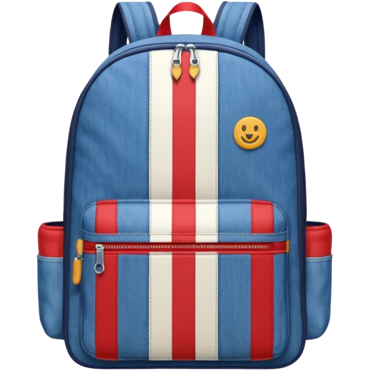  blue denim backpack with red, white, and navy stripes, similar to a Tommy Jeans design. Minimalistic, cartoon-like, front-facing."
 emoji