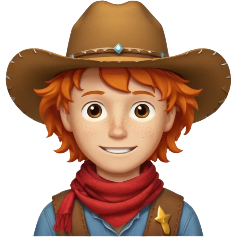 a wavy orange hair boy wearing a cowboy hat with a mischievous grin and freckles with western red scarf on his neck emoji