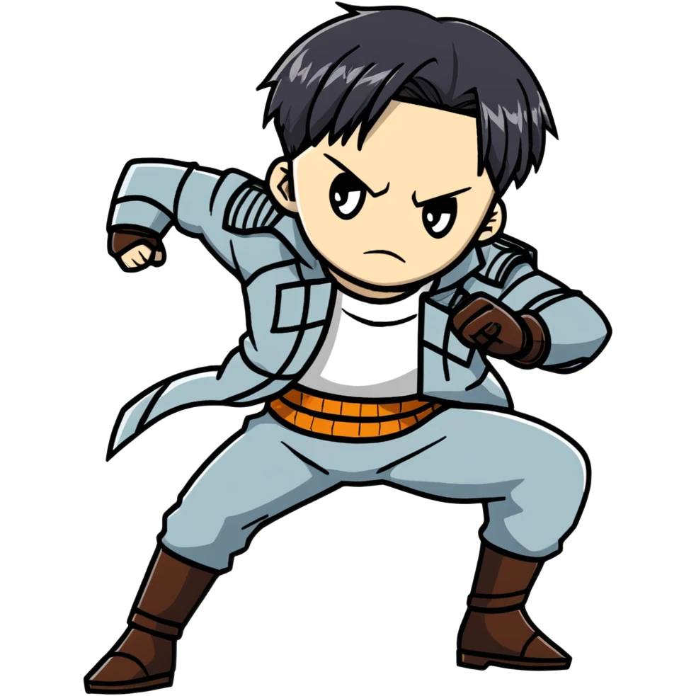 Levi Ackerman from Attack on Titan in battle stance with ODM gear, black undercut hair, serious expression emoji