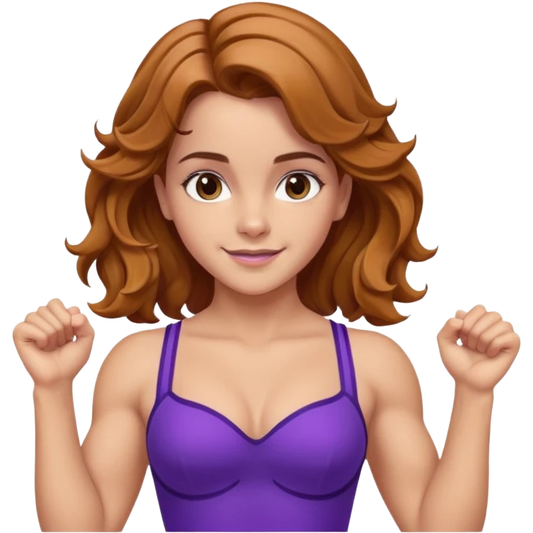 big biceps, muscled torso, very beautiful italian happy girl, looking like Emma Watson, with wavy bright hazelnut hair, dressed in a beautiful violet costume emoji
