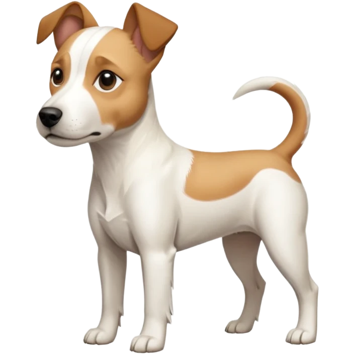 a full body facing front on of a buff white parson russell terrier looking dog the size of a kelpie with light brown long ears resting on its face and a light brown patch on one eye and a large snout. the rest of the dog is completely white.  emoji