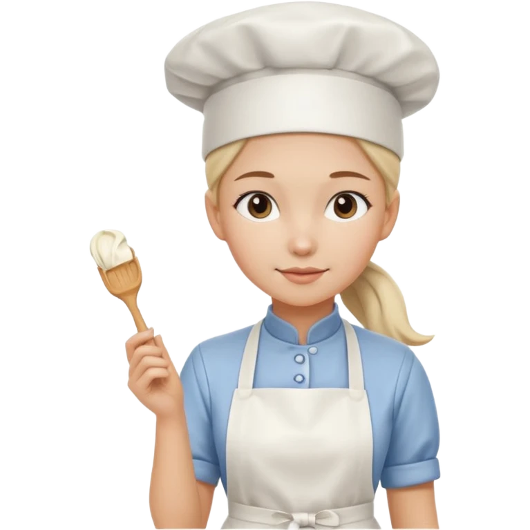 Young female pastry chef - ponytail, apron, wearing a white hat, holding a cream piping bag emoji
