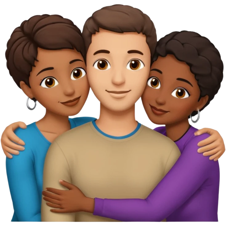  middle Eastern man with short brown hairwith two black african women both are African one is medium tone skin black and one is medium tone black with african hair styles. and they are all smiling and putting their arms around each other and kissing and hugging sexually  emoji