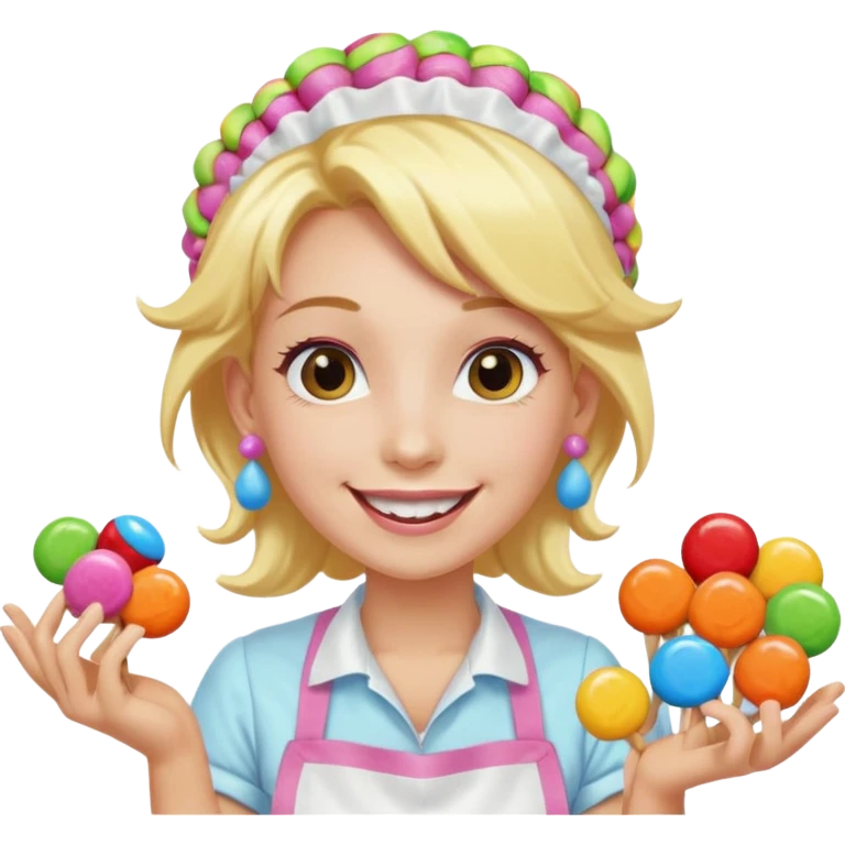 candy shop vendor, looking like candy with candy earrings and candy hair with big smile and blond hair emoji