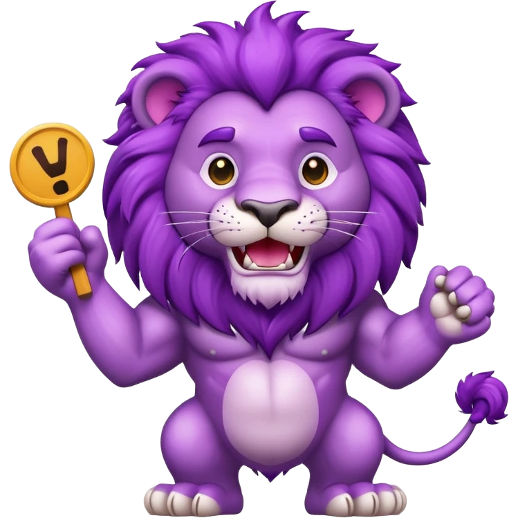 Purple lion holding a sing looking happy emoji
