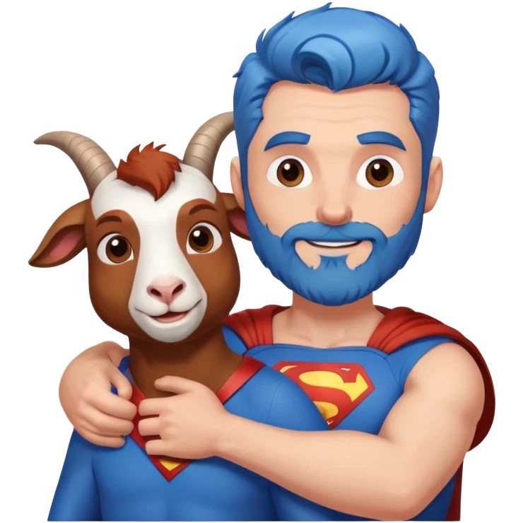 Adult Superman with redish brownish full beard with his arm around a blue hair happy goat emoji