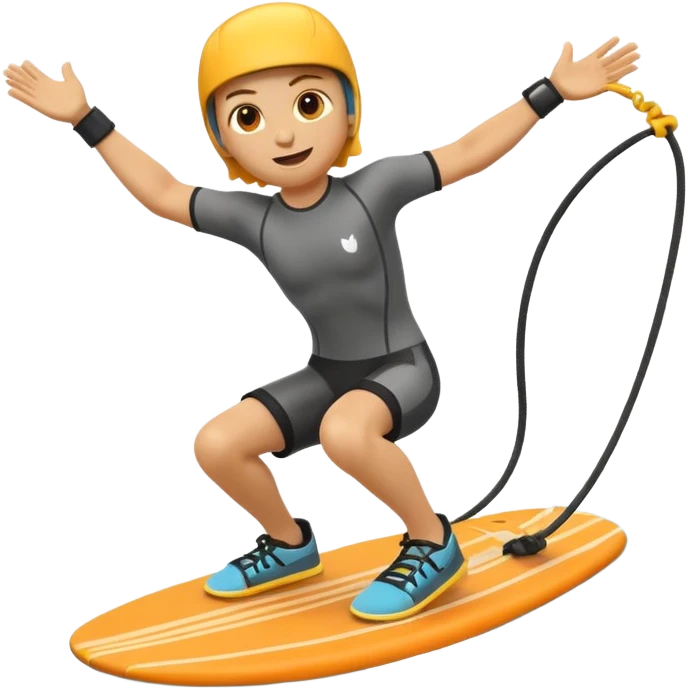 "Apple 3D emoji-style character wakeboarding mid-jump, with arms extended holding an orange rope, legs slightly bent on a yellow board. Stylized water splash behind. Emoji face, rounded body, bright and clean Apple shading." emoji