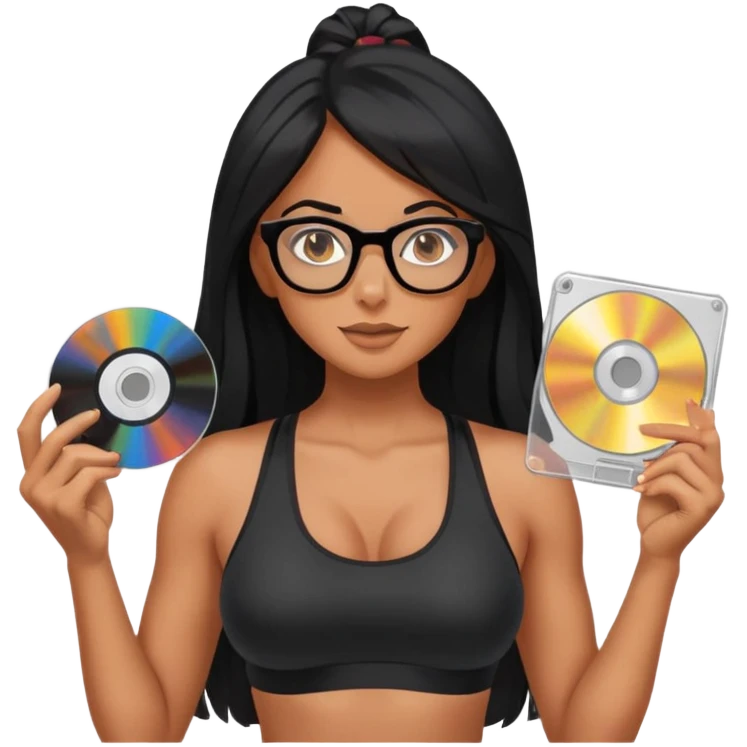 glasses, long black hair tanned woman, black sports bra, sexy, hot, data analysis, holding a cd   emoji