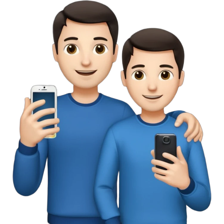 happy man hold a phone with your hand, showing a camera app open and another hand hold a phone without camera app open emoji