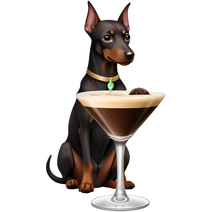 Black Miniature Doberman with cropped ears, sitting in espresso martini emoji