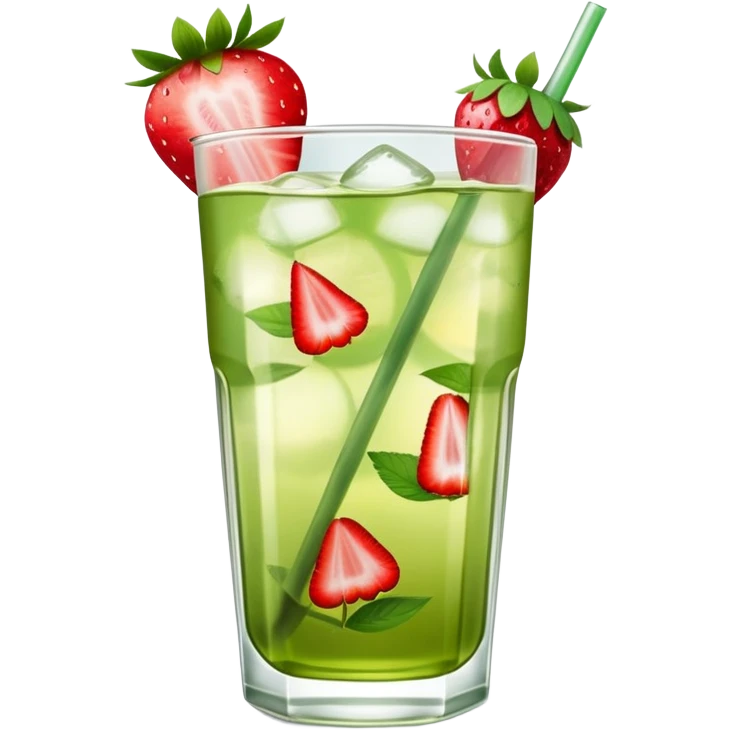 glass of iced green tea with strawberry slices emoji