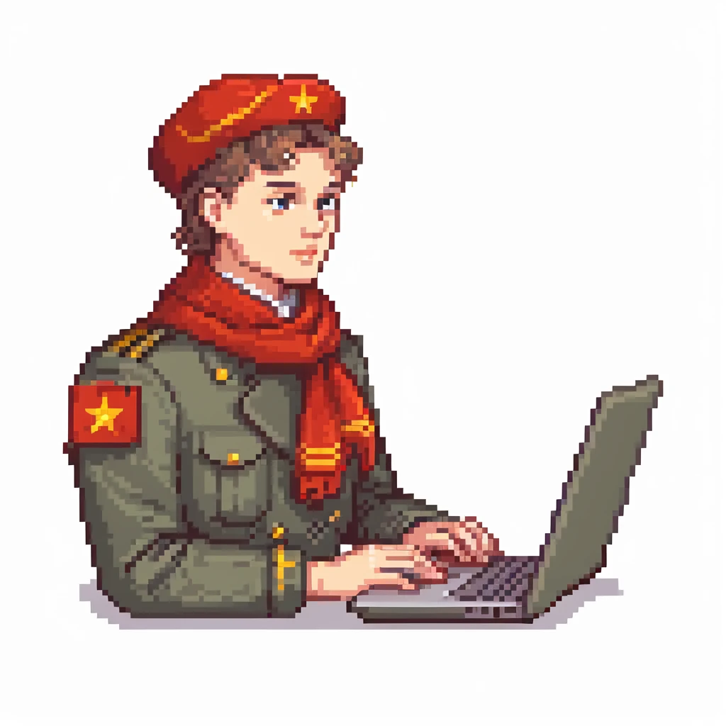 Young Soviet pioneer with red scarf and uniform using a laptop emoji
