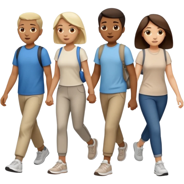 iOS emoji style - a men and 2 women in casual clothes and wearing trainers. Walking in the same direction quickly together. 
Not holding hands. 
 emoji