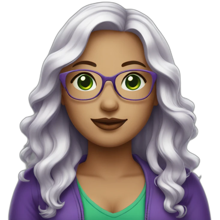 curvy-woman-white, purple-long-wavy-hair, green-eyes-square-glasses emoji