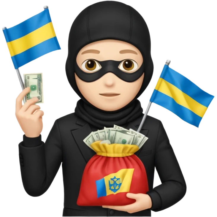 create an incredibly realistic white thief in a black suit and balaclava with a bag of money and a Ukrainian flag on it emoji