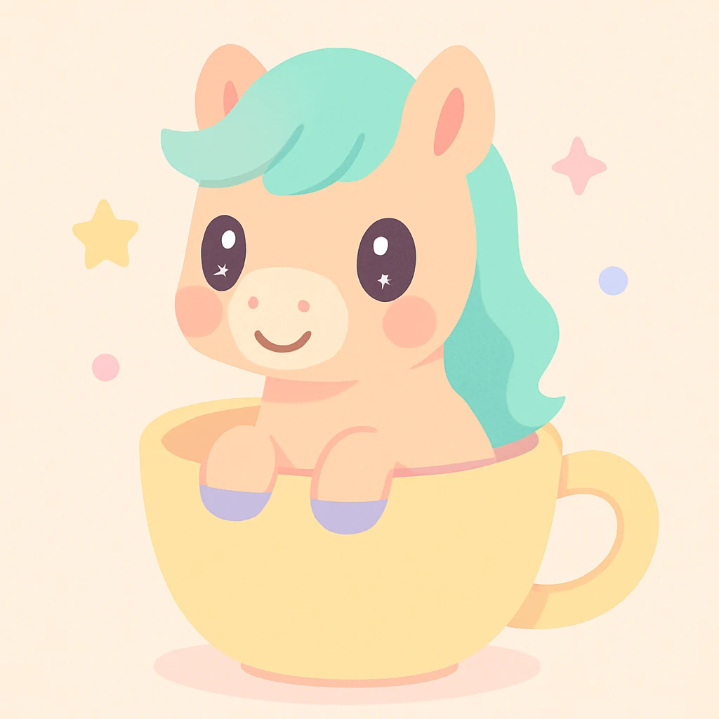 a cute and whimsical pony sitting inside a coffee cup emoji