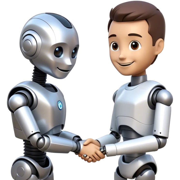 Futuristic emoji: a man and a humanoid robot shaking hands in a friendly manner. The man is smiling, and the robot looks friendly. Minimalistic background, 3D style, realistic details. emoji