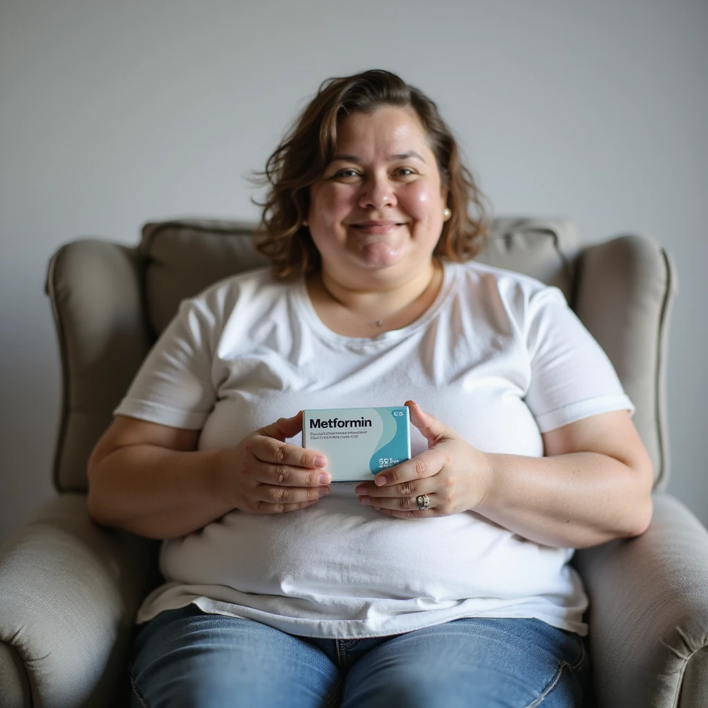 hyperrealistic 4K vertical 9:16 image of a slightly overweight woman sitting, showing a box of Metformin towards the camera, positive expression, isolated white background emoji