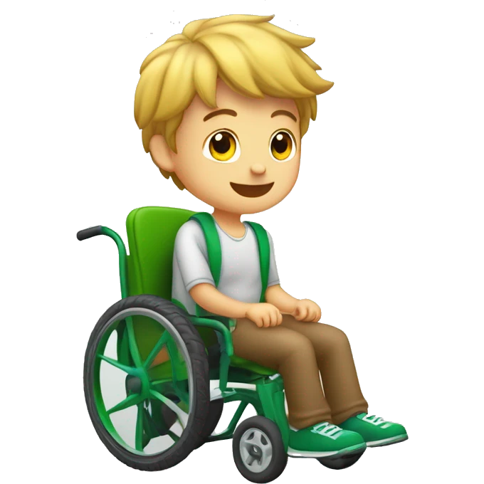 niño en silla de ruedas, delgado, con pelo rubio, sacando la lengua, con los ojos grandes y verdes, cara muy delgada y alargada emoji