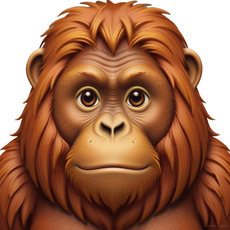 Cinematic Noble Orangutan Portrait Emoji, Poised and regal, with a robust, thoughtful build and deep, soulful eyes framed by rich, textured fur, Simplified yet sharp and sophisticated features, highly detailed, glowing with a soft, earthy glow, high shine, intelligent and contemplative, stylized with an air of ancient wisdom, focused and commanding, soft glowing outline, capturing the essence of a watchful and confident guardian that appears ready to step out of the screen with timeless authority! emoji