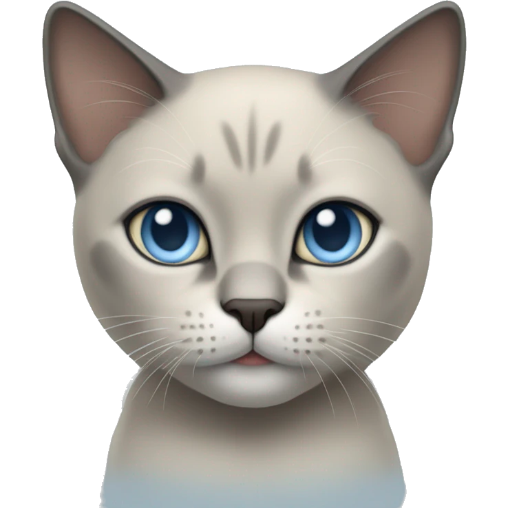Thai breed cat with a light cream body, dark gray face, ears, and paws. Short fur, sharp ears, and striking light blue eyes with an intense gaze. emoji
