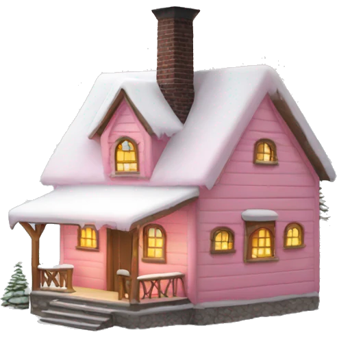 light pink cabin with snow with lights with smoking chimney emoji