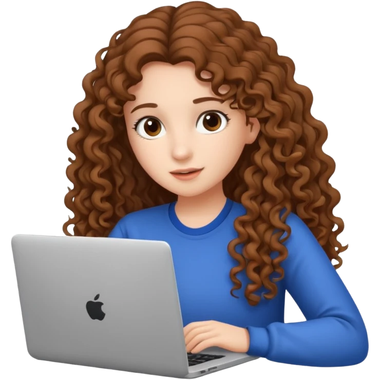 A girl with long curly hair is preparing for IELTS online with a laptop. emoji