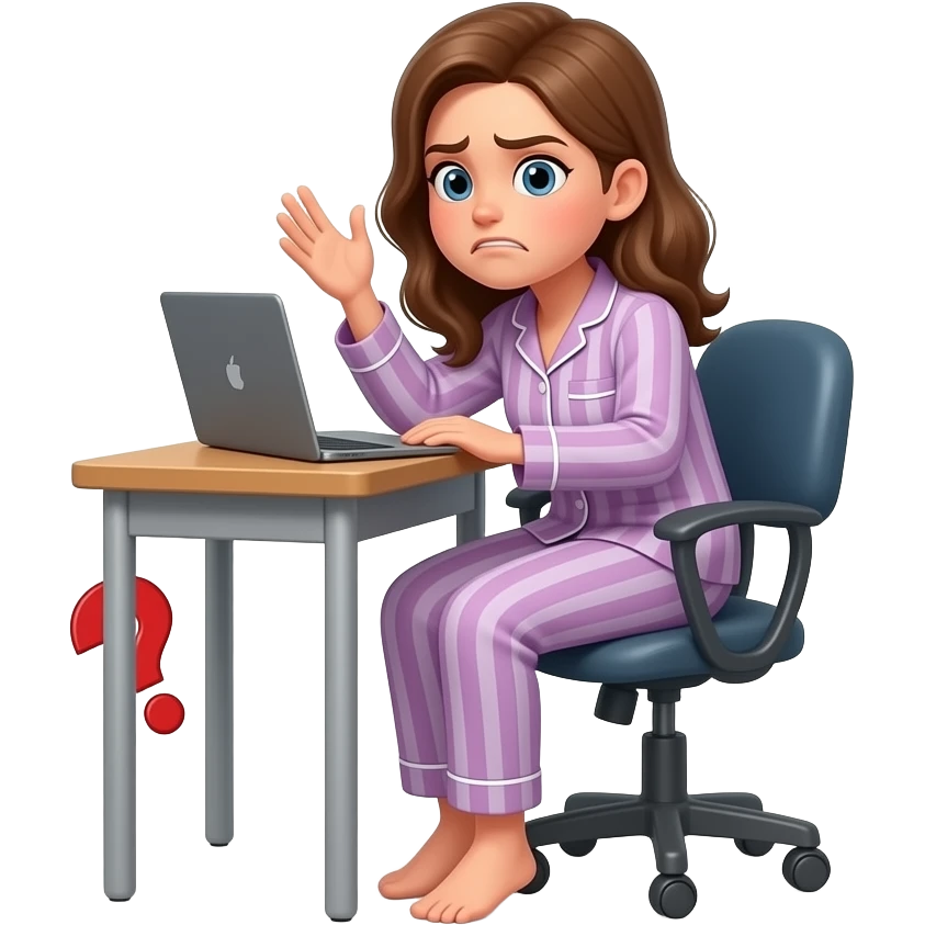 a girl in her pajama sitting at the desk turning around to us with disgusted expression and raised eyebrows - around her there are red question marks in the air and the red phrase also in the air: Ruslan emoji