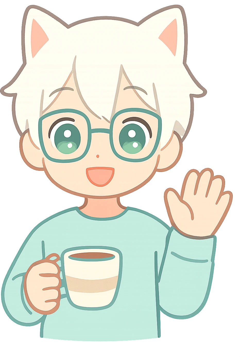 An anime guy with white hair, white cat ears, green eyes, and glasses, holding a coffee cup in his hand and waving emoji