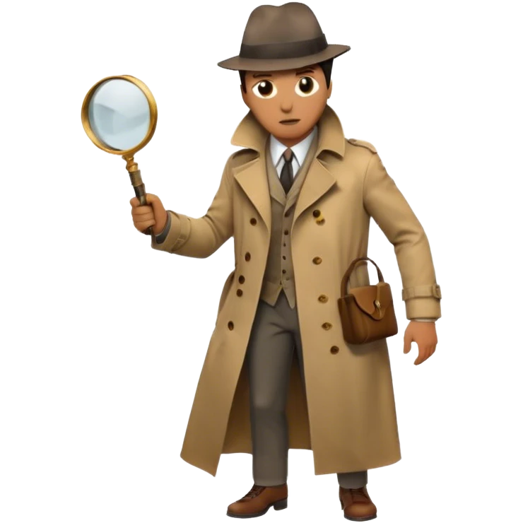Icon for Detective Movie: A vintage movie poster-style design of a mysterious detective in a trench coat, holding a magnifying glass. Include dark alleyways, fog, and shadowy figures. The design should evoke a classic noir detective story with retro cinematic typography. Transparent background. emoji