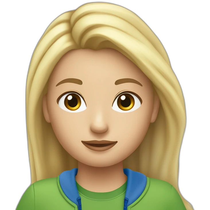 Een meisje met lang steil blond haar een groene trui en een blauwe cargo broek en witte nike emoji